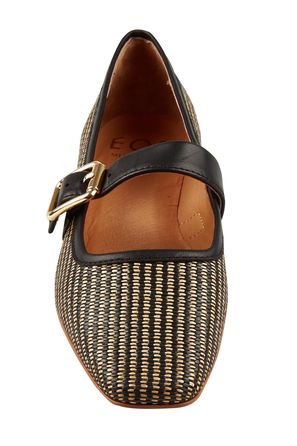 Product shot of the Sophy Leather Flat in colour Blackgrass (Black), detail