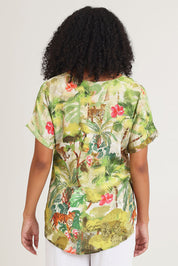 Model Ziara wearing size 10 of the Cecilla Short Sleeve Top in colour Print, from the back