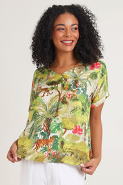 Model Ziara wearing size 10 of the Cecilla Short Sleeve Top in colour Print, from the front, cropped image