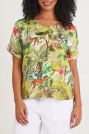 Model Ziara wearing size 10 of the Cecilla Short Sleeve Top in colour Print, from the front, cropped image