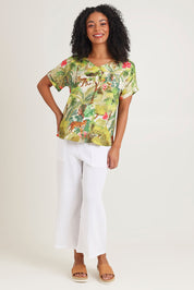 Model Ziara wearing size 10 of the Cecilla Short Sleeve Top in colour Print, from the front, showing the whole outfit