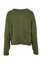 Product shot of the Knit V Neck Jumper in colour Olive (Green), from the back