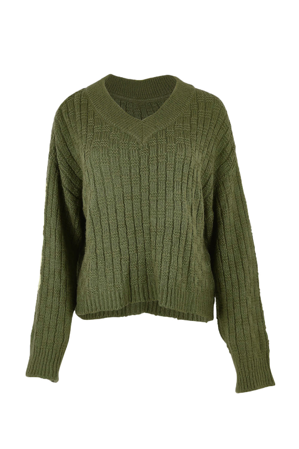 Product shot of the Knit V Neck Jumper in colour Olive (Green), from the front