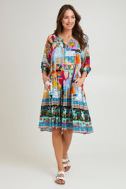 Model Madeline wearing size 10 of the Lana Layers 3/4 Sleeve Dress in colour Print (Blue), from the front, showing the whole outfit