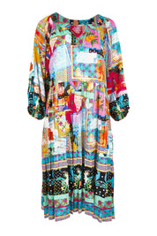 Product shot of the Lana Layers 3/4 Sleeve Dress in colour Print (Blue), from the front