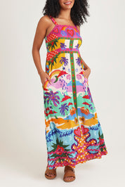 Model Ziara wearing size 10 of the Briana Strappy Dress in colour Print, from the front, cropped image