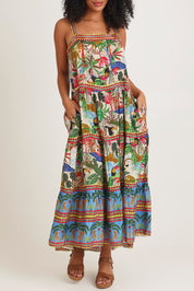Model Ziara wearing size 10 of the Dani Strappy Dress in colour Print, from the front, cropped image