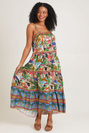 Model Ziara wearing size 10 of the Dani Strappy Dress in colour Print, from the front, showing the whole outfit