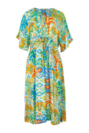 Product shot of the Fiorella Waist Dress in colour Print, from the front