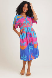 Model Ziara wearing size 10 of the Celestial Blue Cotton Midi Dress in colour Blue, from the front, showing the whole outfit