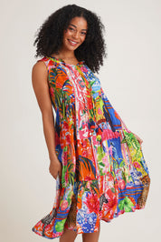 Model Ziara wearing size 10 of the Stefania Sleeveless Dress in colour Print, from the front, cropped image
