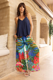 A model wearing the Arabian Nights Pants in colour Print, from the front, showing the whole outfit
