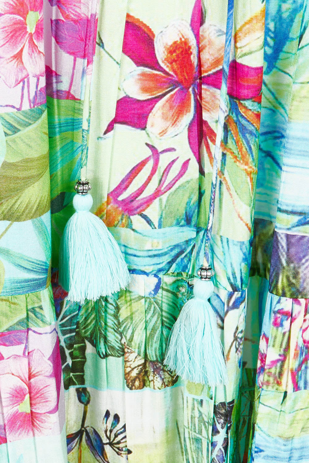 Product shot of the Darcie Boho Sleeveless Dress in colour Print (Green), detail