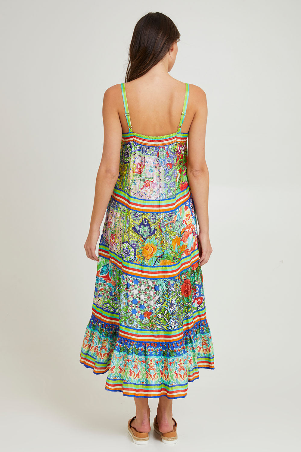 Model Madeline wearing size 10 of the Tara Maxi Strappy Dress in colour Print (Green), from the back
