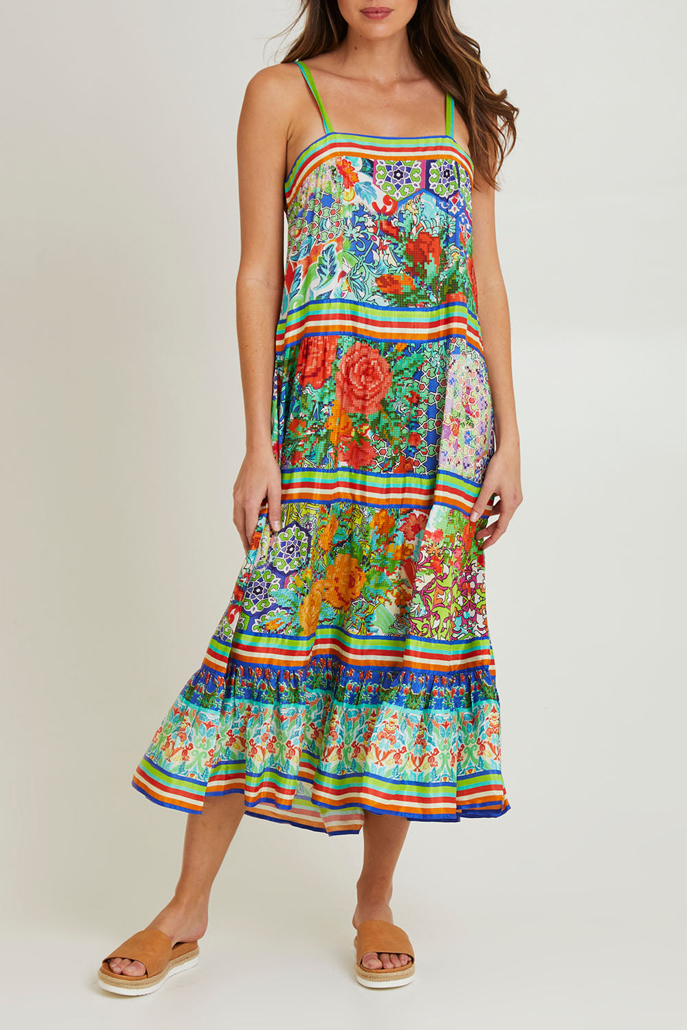 Model Madeline wearing size 10 of the Tara Maxi Strappy Dress in colour Print (Green), from the front, cropped image