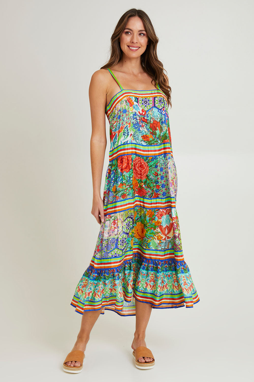 Model Madeline wearing size 10 of the Tara Maxi Strappy Dress in colour Print (Green), from the front, showing the whole outfit