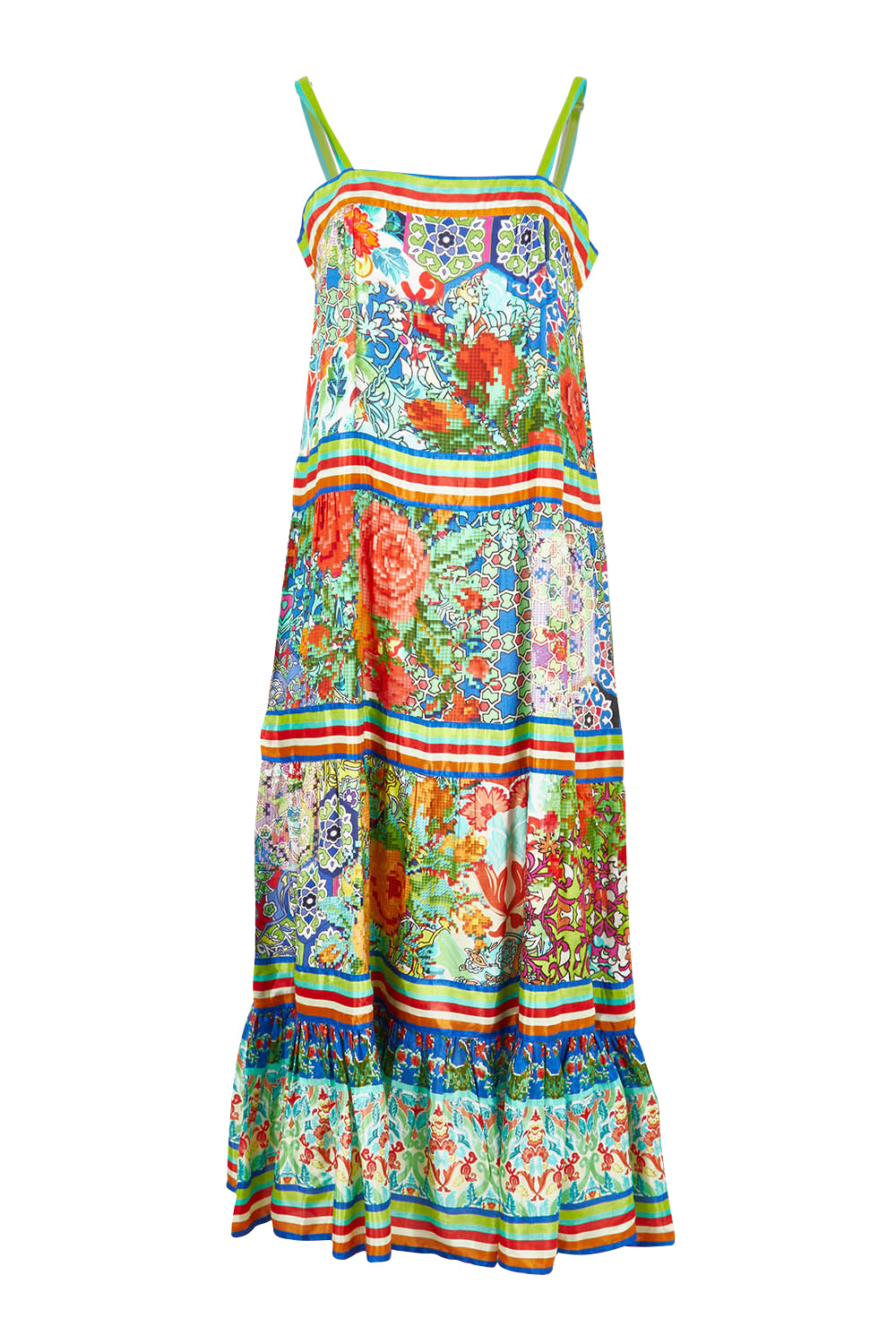 Product shot of the Tara Maxi Strappy Dress in colour Print (Green), from the front