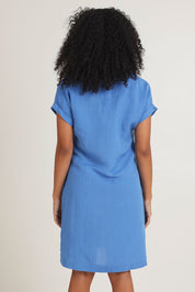 Model Ziara wearing size 10 of the Linen Blend Solid Shift Dress in colour Blue (Blue), from the back
