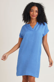 Model Ziara wearing size 10 of the Linen Blend Solid Shift Dress in colour Blue (Blue), from the front, cropped image