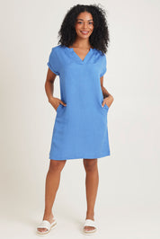 Model Ziara wearing size 10 of the Linen Blend Solid Shift Dress in colour Blue (Blue), from the front, showing the whole outfit