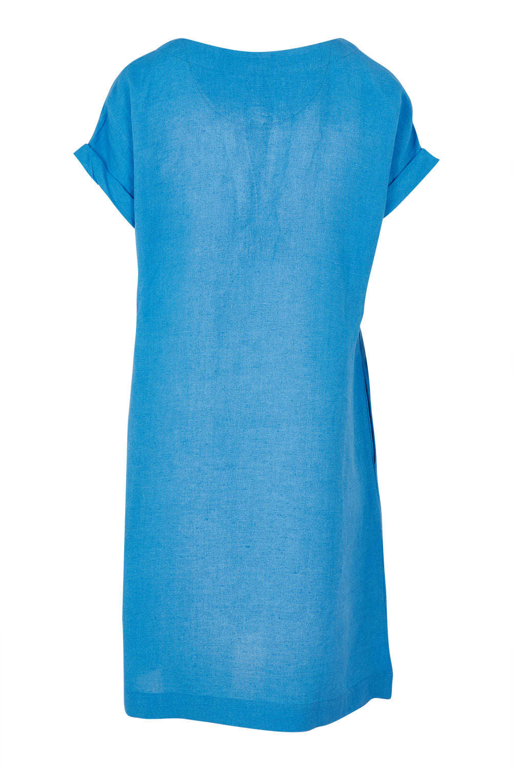 Product shot of the Linen Blend Solid Shift Dress in colour Blue (Blue), from the back