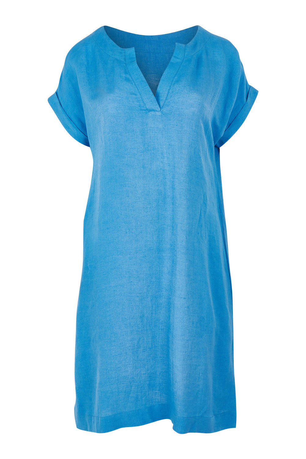 Product shot of the Linen Blend Solid Shift Dress in colour Blue (Blue), from the front