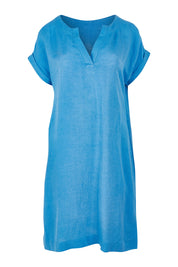 Product shot of the Linen Blend Solid Shift Dress in colour Blue (Blue), from the front