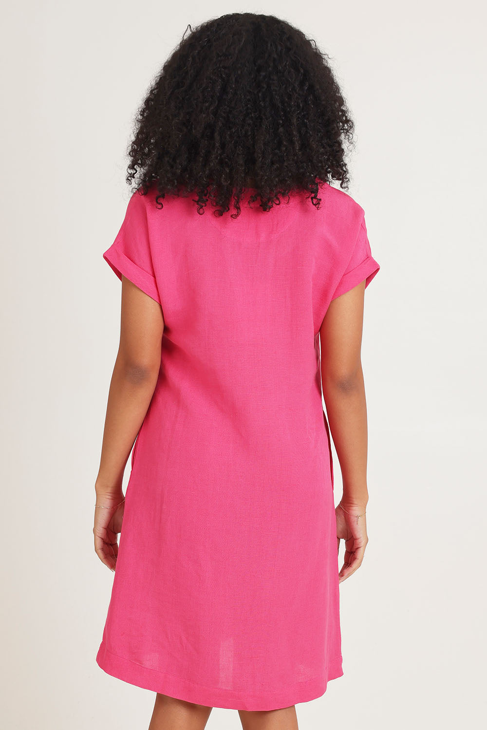 Model Ziara wearing size 10 of the Linen Blend Solid Shift Dress in colour Hotpink (Pink), from the back