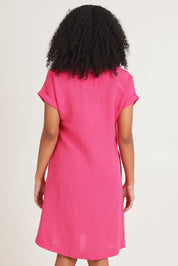 Model Ziara wearing size 10 of the Linen Blend Solid Shift Dress in colour Hotpink (Pink), from the back