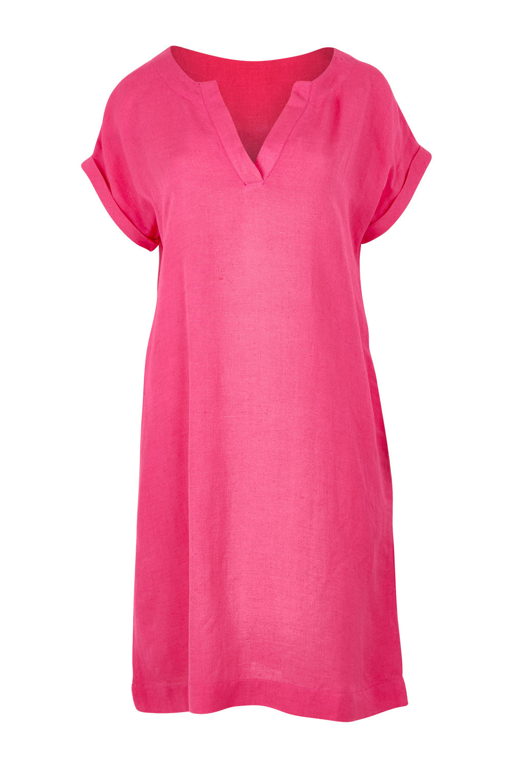Product shot of the Linen Blend Solid Shift Dress in colour Hotpink (Pink), from the front