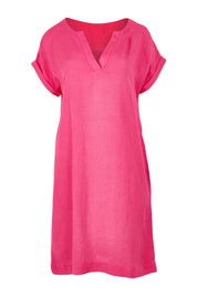 Product shot of the Linen Blend Solid Shift Dress in colour Hotpink (Pink), from the front