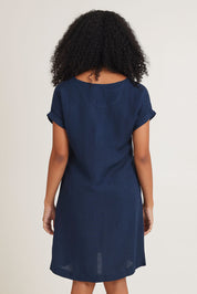 Model Ziara wearing size 10 of the Linen Blend Solid Shift Dress in colour Navy (Blue), from the back