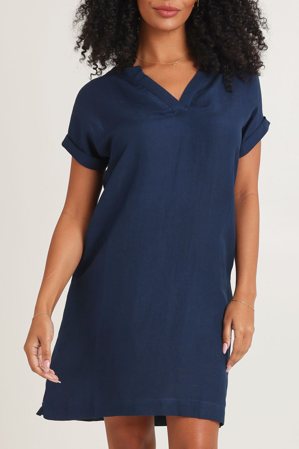 Model Ziara wearing size 10 of the Linen Blend Solid Shift Dress in colour Navy (Blue), from the front, cropped image