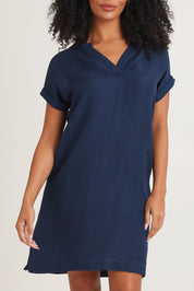 Model Ziara wearing size 10 of the Linen Blend Solid Shift Dress in colour Navy (Blue), from the front, cropped image