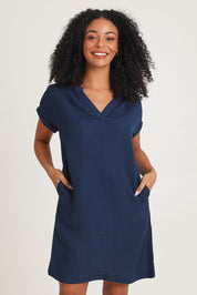 Model Ziara wearing size 10 of the Linen Blend Solid Shift Dress in colour Navy (Blue), from the front, cropped image