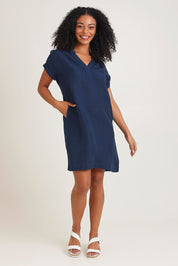 Model Ziara wearing size 10 of the Linen Blend Solid Shift Dress in colour Navy (Blue), from the front, showing the whole outfit