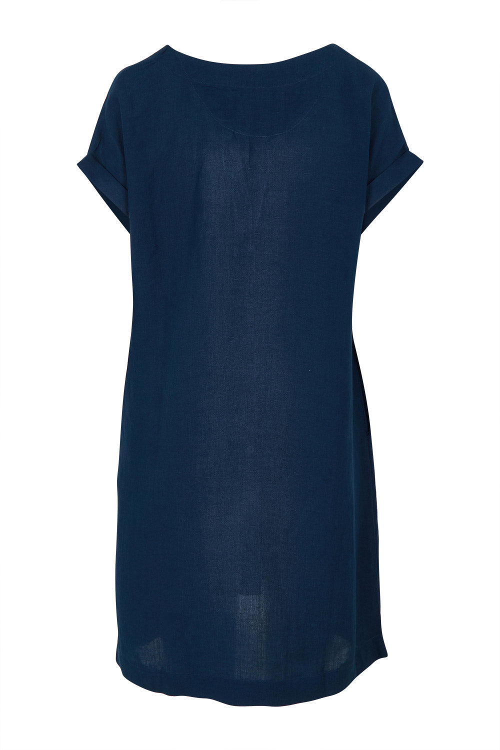 Product shot of the Linen Blend Solid Shift Dress in colour Navy (Blue), from the back