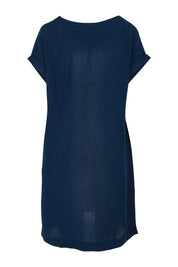 Product shot of the Linen Blend Solid Shift Dress in colour Navy (Blue), from the back