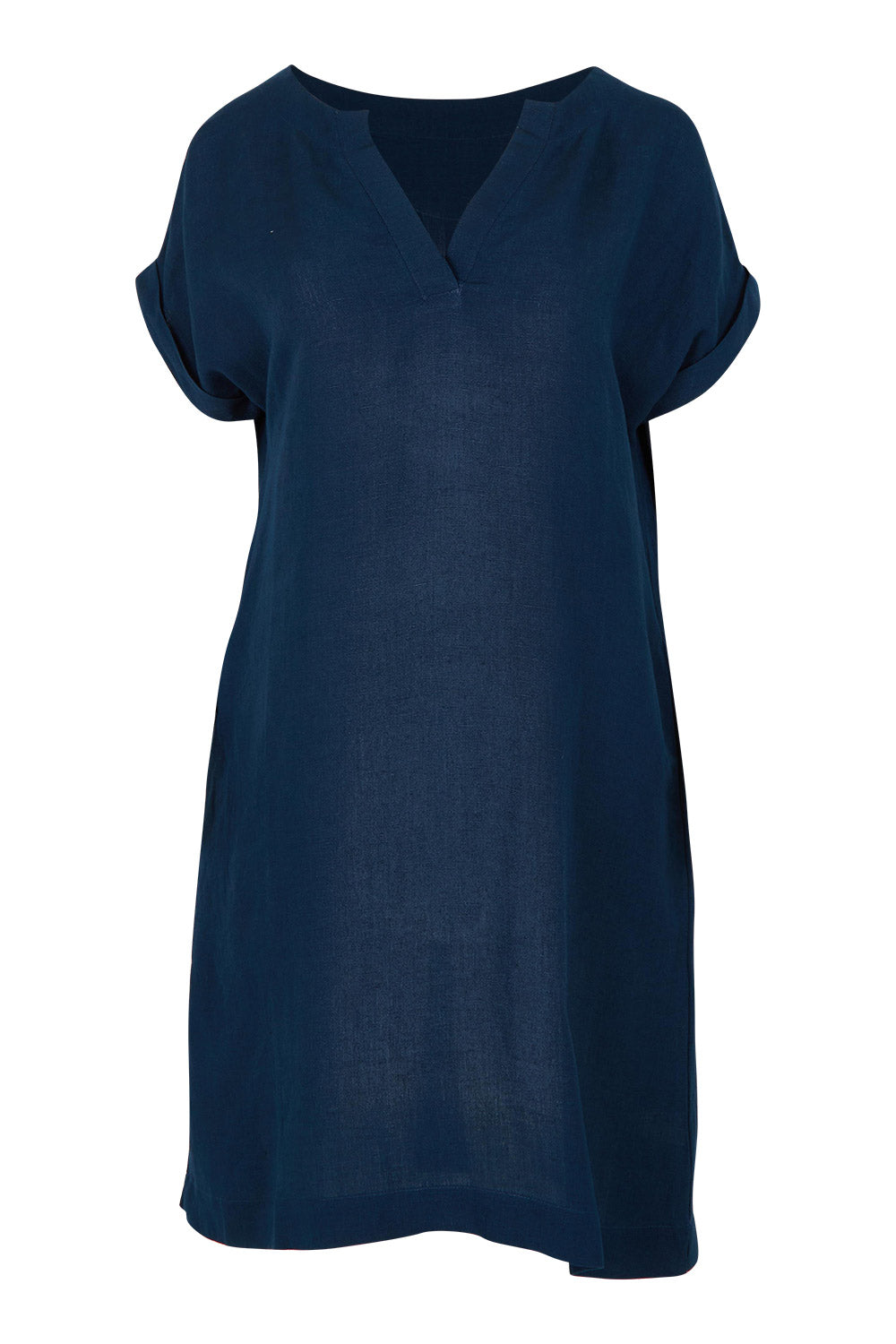Product shot of the Linen Blend Solid Shift Dress in colour Navy (Blue), from the front