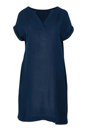 Product shot of the Linen Blend Solid Shift Dress in colour Navy (Blue), from the front