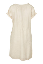 Product shot of the Linen Blend Solid Shift Dress in colour Sand, from the back