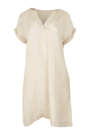 Product shot of the Linen Blend Solid Shift Dress in colour Sand, from the front