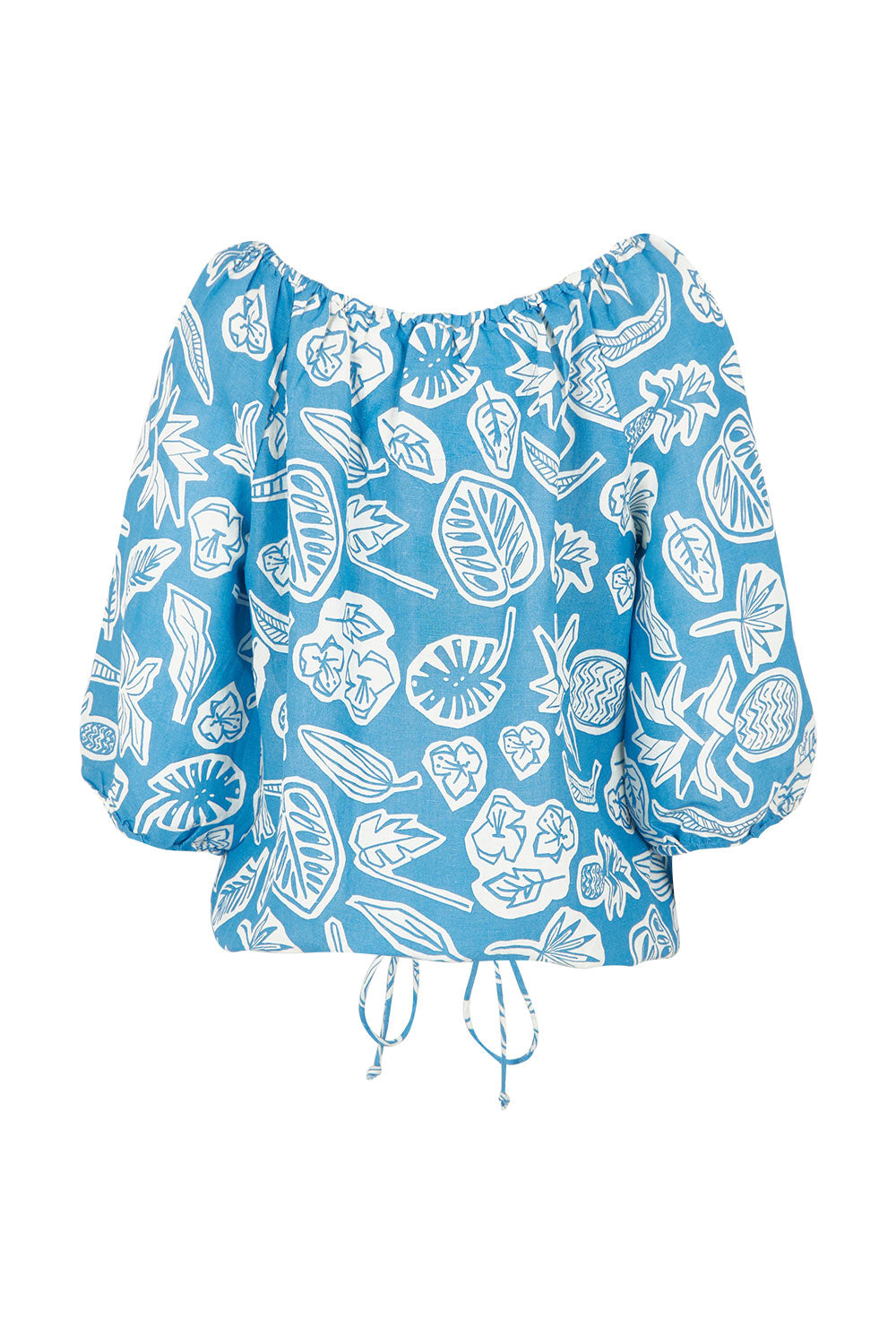 Product shot of the Linen Gather Neck 3/4 Sleeve Top in colour Blue (Blue), from the back