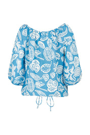Product shot of the Linen Gather Neck 3/4 Sleeve Top in colour Blue (Blue), from the back