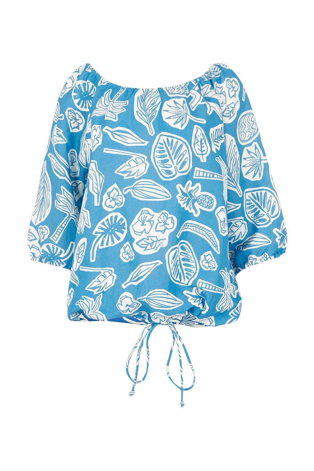 Product shot of the Linen Gather Neck 3/4 Sleeve Top in colour Blue (Blue), from the front