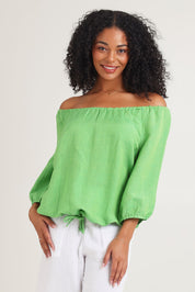 Model Ziara wearing size 10 of the Gather Neck 3/4 Sleeve Linen Blend Top in colour Green (Green), from the back