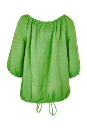 Product shot of the Gather Neck 3/4 Sleeve Linen Blend Top in colour Green (Green), from the back