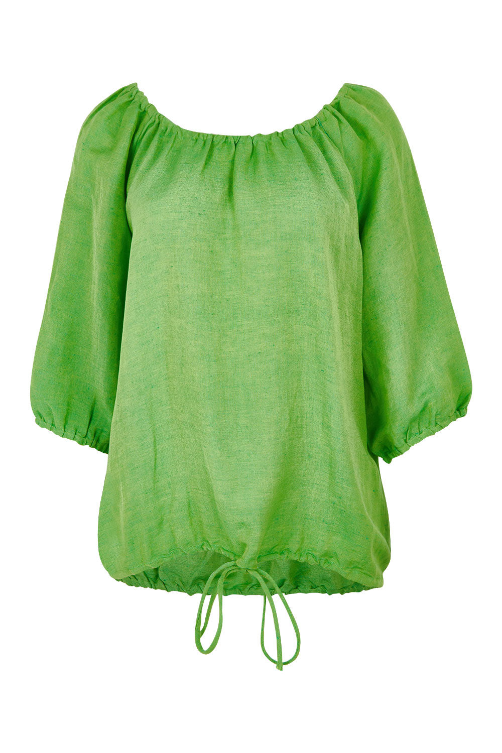 Product shot of the Gather Neck 3/4 Sleeve Linen Blend Top in colour Green (Green), from the front