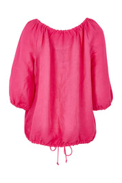 Product shot of the Gather Neck 3/4 Sleeve Linen Blend Top in colour Hotpink (Blue), from the back