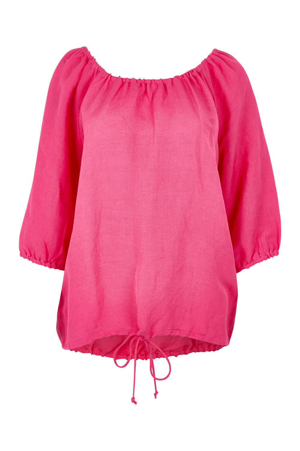 Product shot of the Gather Neck 3/4 Sleeve Linen Blend Top in colour Hotpink (Blue), from the front